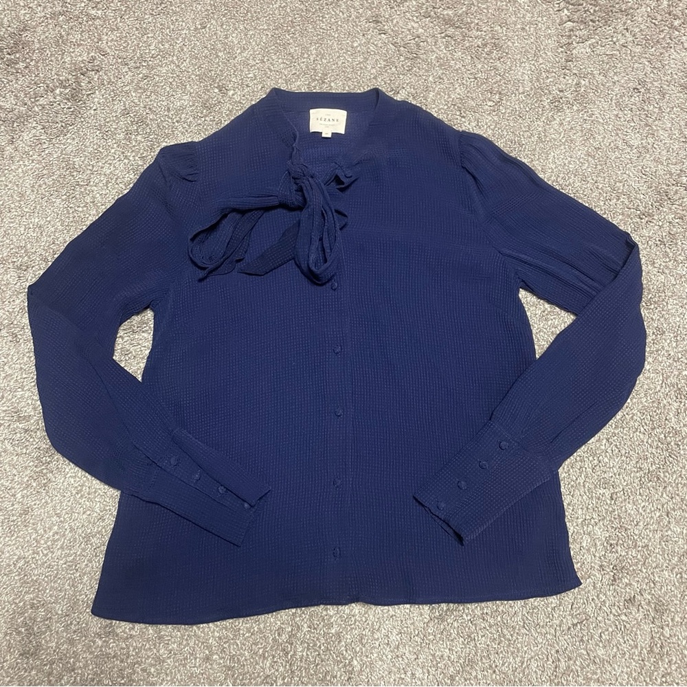 Sezane Navy Blue Bow-Tie Blouse